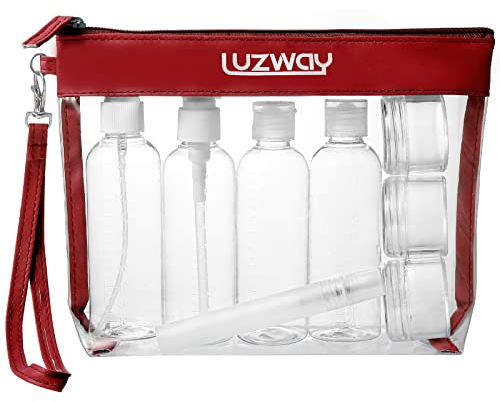 LUZWAY Kulturbeutel durchsichtig Flugzeug Beutel Flugzeugreiseset Transparenter Kulturbeutel mit 5 Sprühflaschen (max. 100 ml Fassungsvermögen) und 3 Flüssigkeitsbehältern (Rot)