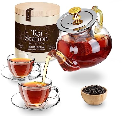 Glass Teapot, Withstand Temperature from -20 ℃ to 180℃, 400ml teapot with Food-Grade Stainless Strainer, Placed on stovetop, Mirowave or Dishwasher 100% Hand Crafted Teapot