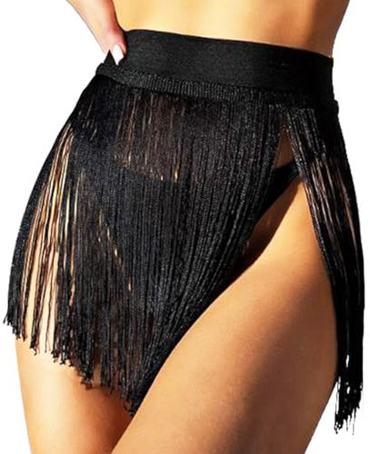 Ushiny Fransenrock Quastenrock Rave-Outfit Strand Cover Up Festival Kostüm für Damen und Mädchen(Schwarz)