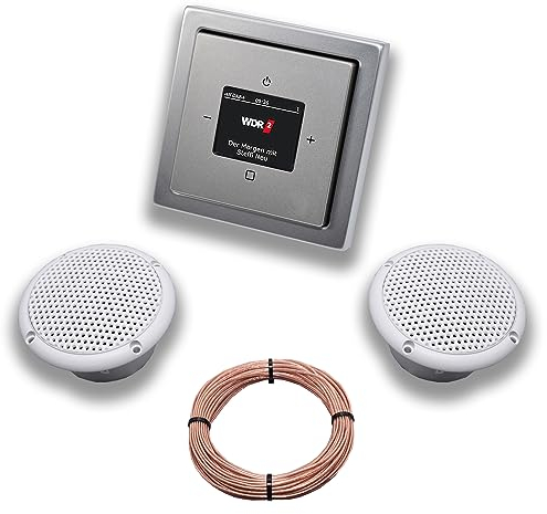 Busch Jäger DAB+ (DAB PLUS) Unterputz Radio 8215U-101 PUR Edelstahl, Komplett-Set mit 2 x Decken Feuchtraumlautsprecher/Badezimmer + 20 m Lautsprecherkabel 2x0,75 mm2 8215 U - 101