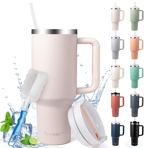 Temede Thermobecher mit Strohhalm und Henkel 40oz/1.2L,Großer Trinkbecher mit Deckel und Strohhalm,Kaffeebecher to go Thermo,Edelstahl Vakuum Isolierbecher Tragbare Autobecher für Kalte Heiße Getränke