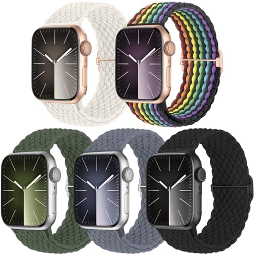 Chinbersky 5 Piezas trenzada Correas Compatibles con Correas Apple Watch 42mm 44mm 45mm 49mm Mujer Hombre, Elástica Nailon Tejido Sport Correa para Apple Watch iWatch Ultra Series 9 8 SE 7 6 5 4 3 2 1