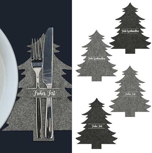 Cepewa Besteckhalter Tannenbaum 12er Set | 100% Polyester Filz 19x23x0,03cm 6xhell 6xdunkelgrau | Weihnachtsbaum Baum Bestecktasche