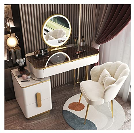 Juego de tocador de cristal, tocador, maquillaje, moderno, simple, avanzado, de madera, tocador, dormitorio, tocador, espejo inteligente, taburete de maquillaje, tocador, escritorio para mujeres/niña