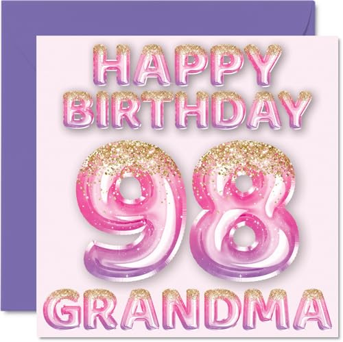 98th Birthday Card for Grandma, Pink & Purple Glitter Balloons | Happy Birthday Cards for 98 Year Old Grandma from Grandson Granddaughter, 145mm Bday Greeting Cards Gift
