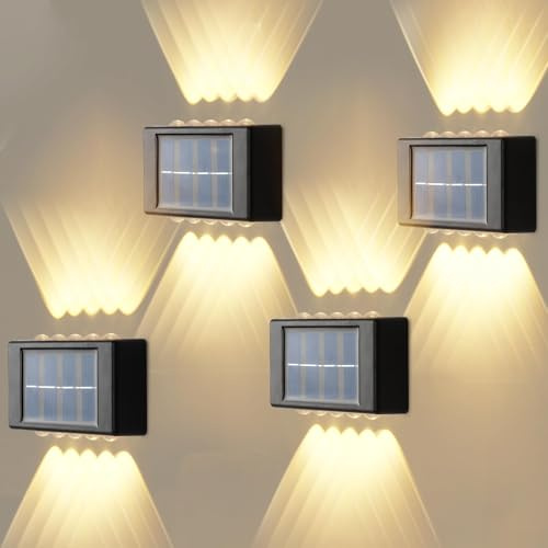 Up and Down Solar Wall Lights, 4 Pack Waterproof Solar Fence Lights, 10 LED Outdoor Wall Lamps for Fence, Yard, Front Door, Pathway Garden Decoration, Auto On/Off