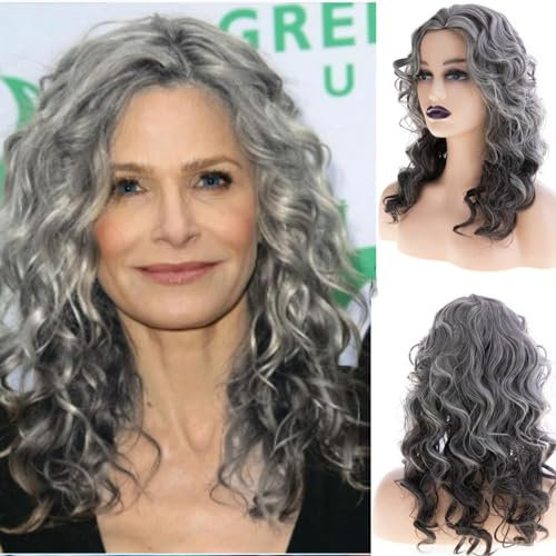 Beweig Lange lockige graue Perücke für Frauen Seitenteile natürlich aussehend Cosplay synthetische