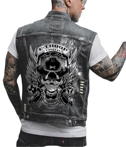 Agiyenna Herren Gilet Ärmellose Denim Weste Ärmellos Biker Fashion Freizeit Jeansjacke Totenkopf Drucken Jacke Jeansmantel Mode Oberbekleidung mit Knöpfen Outdoor Freizeit Jacke