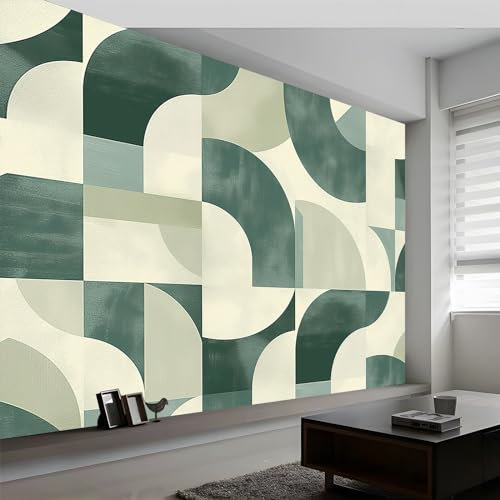 Papier Peint Panoramique Art Géométrique Rétro Abstrait, 350 x 256 cm (WxH) Poster Mural, Vert Foncé Peinture Murale pour Salon Chambre Chambre d'enfants restaurant Décoration Murale