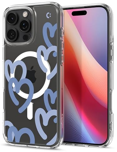 Spigen iPhone 16 Pro Max Hülle Ultra Hybrid MagFit -Hearts Denim | Kompatibel mit MagSafe, DuraClear Tech, Anti-Yellowing, Air Cushion Tech, Militär-Grade Schutz, Spigen Signature Serie