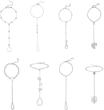 SUPERFINDINGS 8 Pcs Alloy Finger Ring Bracelets Silver Link Chain Rings Bracelets Harness Chain Bracelets Ring Attached Bracelets Adjustable Elegant Hand Jewelry for Women s