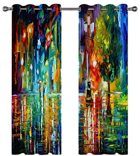 Cortinas opacas 3D con aislamiento térmico, pintura al óleo, paisaje bajo la lluvia, juego de cortinas de oscurecimiento con reducción de ruido, tela suave, ojales en la parte superior, decoración de