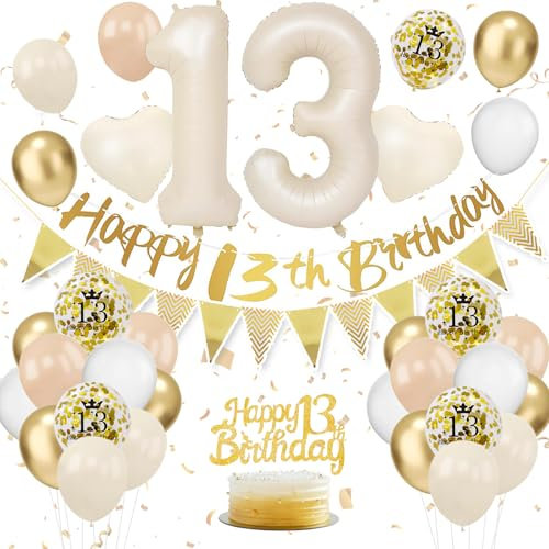 13. Geburtstag Deko Beige, Luftballon Deko 13. Geburtstag Junge Mädchen, Geburtstagsdeko 13 Jahr, Beige Weiß Gold Luftballons 13 Geburtstag mit Banner Geburtstag Tortendeko für Geburtstag Dekoration
