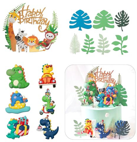 Sxutop 14 Stück Niedlich Torten Deko Dschungel Palmwedel Kuchen Dekorationen Dinosaurier Hält ein Geschenk Figures Cake Toppers Dinosaurier Kuchendeckel Topper Party Deko Set für Geburtstagsfeiern