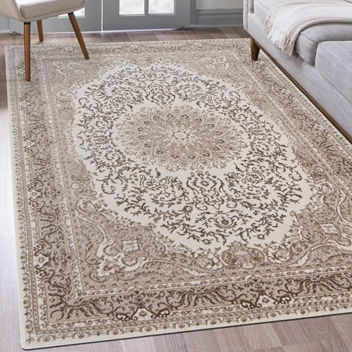 Mazovia Groß Teppich Wohnzimmer 160x230cm Creme Klassisch Weich Kurzflor | Teppich für Schlafzimmer Esszimmer Büro Eingangsbereich Beige Pflegeleicht Maschinengewebt Allergikerfreundlich Synthetisch