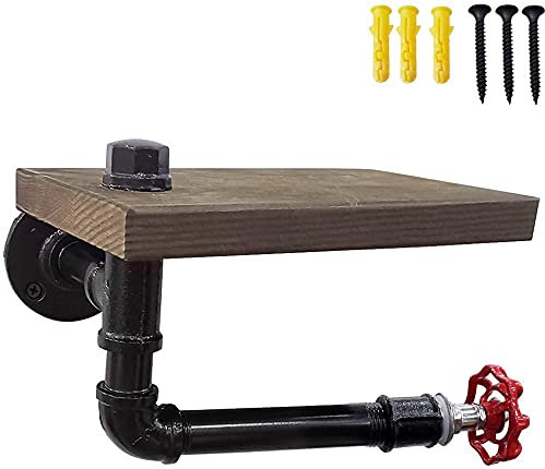 WDWDW Porta Carta igienica a Parete con Tubo Industriale con ripiano in Legno Porta Carta igienica Rustico Porta Rotolo Carta igienica da Bagno Materiale in ghisa Vintage Nero