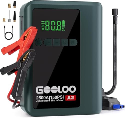 GOOLOO 2500A Booster Batterie Voiture Con 150PSI Compressore, A2 Starter Portatile, 12V Booster 8-in-1 (8L Benzina / 6L Diesel), Gonfiatore per Pneumatici Cordless Spegnimento Automatico