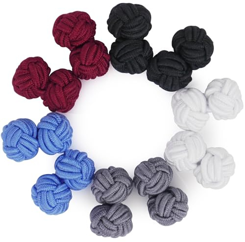 HONEY BEAR 5 Paar Herren/Damen Seide Stoff Knoten Seidenknoten Manschettenknöpfe Set (Rot Grau Blau ohne Box)