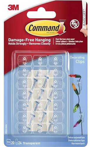 AMK® Command Clear Decorating Clips with Strips 20 Pack Damage Free Hanging Decorations Lights Fairy Lights Pictures Small Items Indoor Use