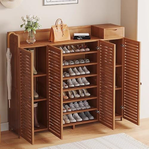 angroups Zapatero de Bambú para Pasillo, Mueble Madera para Zapatos de 4 Puertas con Estantes y Cajón de Diseño Oriental para Entrada Recibidor 130x32x132cm