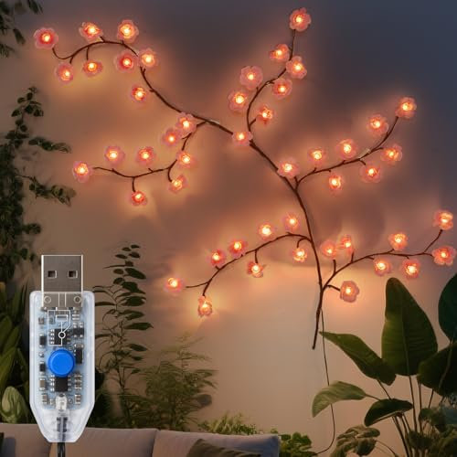 Qoosea Luces Decorativas Rama de Cerezo para Pared 48 LED 1.2M con Mando a Distancia 8 Modos Iluminación Temporizador Decoración Flexible con Flores para Dormitorio y Hogar