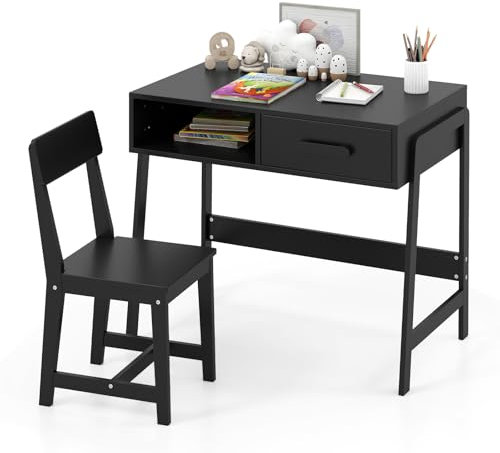 COSTWAY Kids Desk and Chair Set, Wooden Children Study Table with Drawer, Storage Hutch, Student Writing Desks for Boys Girls (Black)