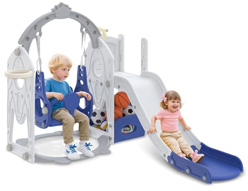 SUBTLETY Freistehende Rutschen 6-in-1 Kinder Gartenrutsche mit Kletterwände, Schaukel, Spielturm, Sandkasten, Fernrohr & Basketballkorb Modular Kunststoff Klettergerüst für Innen & Außen