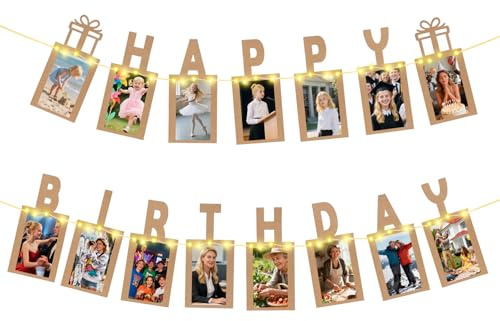 Happy Birthday Deko, Seutgjie Fotogirlande zum Geburtstag Kinder Frau Mann mit LED-Lichterkette und 15 Glitzerkarten für Fotos