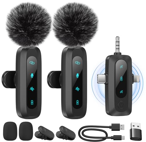 Wireless Lavalier Microphone for iPhone, iPad, Android – 2-Pack Mini Mic with Noise Reduction, Auto Pairing, 3.5mm & Lightning Receiver for Vlogging, TikTok, YouTube