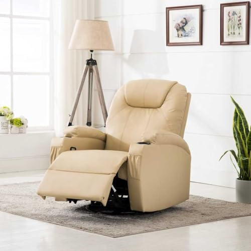 Ziaphsol Massage-Schaukelsessel Creme Kunstleder, Elektrischer Relaxsessel mit 8 Massagepunkten, 360° Drehbar, Verstellbare Rückenlehne & Fußstütze, Becherhalter, bis 110kg Belastbarkeit