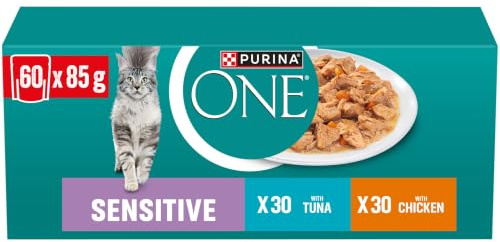 PURINA ONE Sensitive Sorten-Mix Thunfisch und Huhn, 60er Pack (60 x85 g) | Katzenfutter nass, für gesunde Verdauung, für empfindliche Katzen
