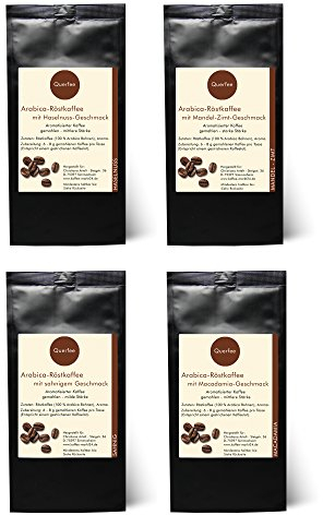 Kaffee Geschenk Set Probierset – Aromatisierter Kaffee gemahlen – Haselnuss, Mandel-Zimt, Sahne & Macadamia – Geschenk für Kaffeeliebhaber mit Aroma - 4 x 75 g (300 g insgesamt)