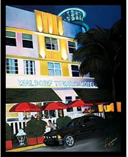 Buyartforless Arbeit gerahmt, Waldorf Towers von Kenny Beberman, Kunstdruck, Poster, Vintage, Hotelmalerei, Nachtlichter, leuchtendes Schwarz, Parkplatz