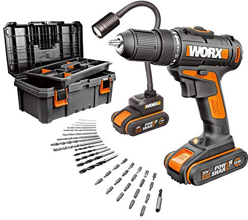 WORX WX977 Akku-Bohrschrauber Lampe flexibel 20V mit Werkzeugkasten, 35 Bohr- und Schraubenzieher. 2 Akkus