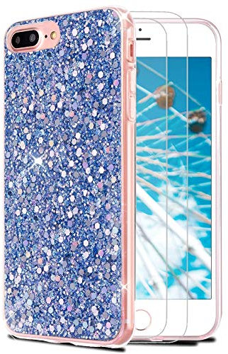 Feyten iPhone 8 Plus/iPhone 7 Plus Case with Tempered Glass Screen Protector [2 pack], Bling Shiny Sparkle Glitter Design Soft TPU Silicone Cover for Apple iPhone 8 Plus/7 Plus 5.5 (Blue)