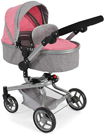 Puppenwagen Yolo, 2in1 Kombipuppenwagen für Kinder von 4 bis 8 Jahren, Melange Grau-pink
