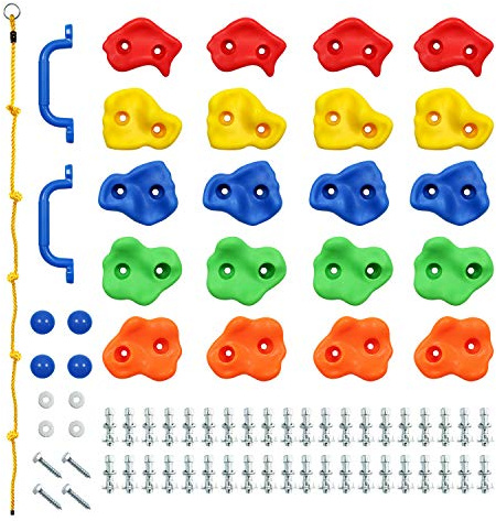 Rainbow Craft DIY Monkey Rock - Juego de Soportes para Escalada (20 Unidades, con 2 Asas y Cuerda Anudada de 2,4 m, Incluye Tornillos de Montaje y Ganchos)