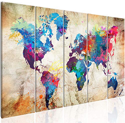 B&D XXL - Wandbilder XXL Weltkarte für Wohnzimmer 150x60 cm 5 Teilig Modern Leinwandbild Kunstdruck Groß Wandbilder auf Leinwand XXL Schlafzimmer Wanddekoration Abstrakte Landkarte - Bunt k-A-0179-b-o