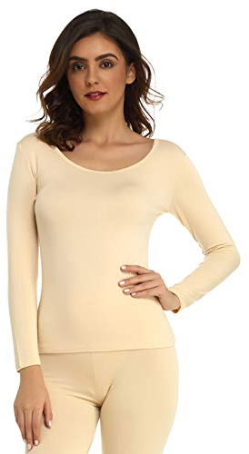 Mcilia Women's Ultrathin Modal Round Neck Long Sleeve Thermal Top/Shirt Beige Small (UK Size 6 8 10)
