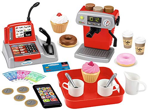 Ecoiffier – Coffee Shop – Spielset mit Kaffeemaschine, Donuts, Kaffeeservice, Kasse, Spielgeld, Mini-Smartphone, für Kinder ab 18 Monaten