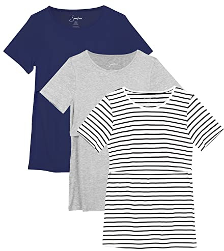 Sosolism Set da 3 Magliette da Allattamento Estate a Maniche Corte T-Shirt Casual per Gravidanza e Post-Parto per Donne Blu Marino, Grigio Chiaro, Rigato, X-Large