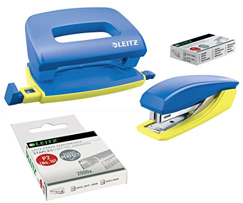Leitz Urban Chic Mini-Heftgerät und -locher im Set, Für bis zu 10 Blatt, Inkl. Heftklammern, Blau, 55996032 (1 Set + 2000 Klammern extra)