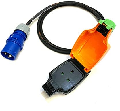 16 Amp Plug to 13 Amp 1-Gang IP54 Outdoor Weatherproof Socket Adaptor - PCE Blue - Heavy Duty H07RN-F Rubber Cable - 16A-13A Adapter Converter Lead (1 Metre)