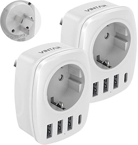 VINTAR 2PC Adapter Australien, 5 in1 Steckeradapter, mit 3 USB-Anschlüssen und 1 USB-C-Anschluss,passend für Australien,China,Neuseeland Reiseadapter,weiß-TypI