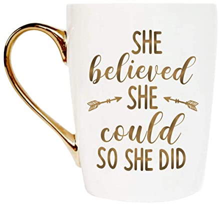 Novaova Inspirational Gold Ceramic Coffee Tea Cup She Believed She Could So She Did Coffee Mug for Her Girl Best Friend Sister Graduation Birthday Christmas Friendship Motivational Gift…