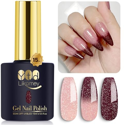 YTD Likomey UV Nagellack Farbwechsel Thermo Farbgel,15ml Hellrosa Burgunderfarbener Glitzer Gel Polish Chamäleon Shellac Nagelgel UV/LED Color Change Gellack,WB209