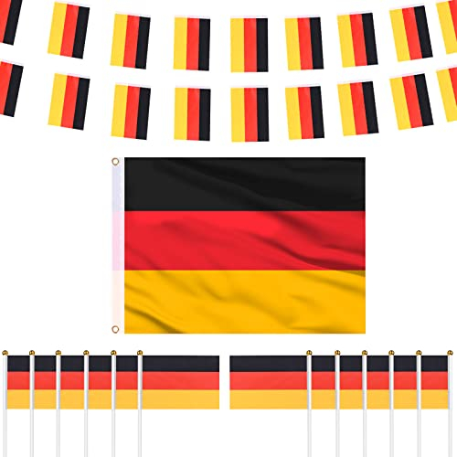 AhfuLife Deutschland Flagge Deko Set, 90x150cm Deutschland Flagge, 10m Deutschland Fahnenkette und 12 Stück Mini Deutsch Klein Flagge für Eurovision Damen Fußball EM 2025 Bar Party Deko
