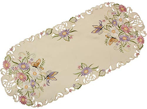 Quinnyshop Bunte Blumen Schmetterling Stickerei Mitteldecke 35x70 cm Rund Polyester, Ecru/Creme