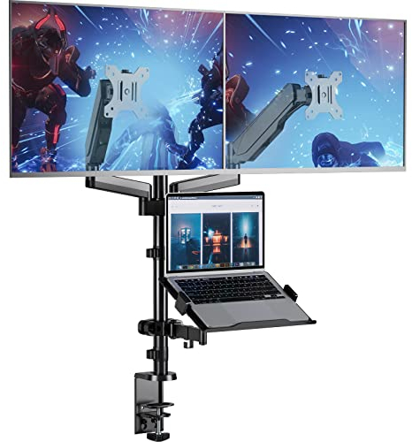 WALI Monitor and Laptop Mount, Gas Spring Dual Monitor Stand with Laptop Tray for Two Flat Curved Screens up to 32” and One Laptop Notebook up to 17”, Laptop Monitor Desk Mount (GSDM003LP), Black