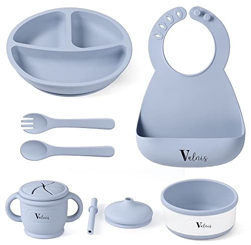 Vajilla bebe silicona - Vajilla infantil - Set 6 piezas: Plato ventosa bebe - Cuchara bebe y tenedor - Vaso silicona bebe con pajita antiahogo - Cuenco y Babero. Libre de BPA para bebes (Azul)